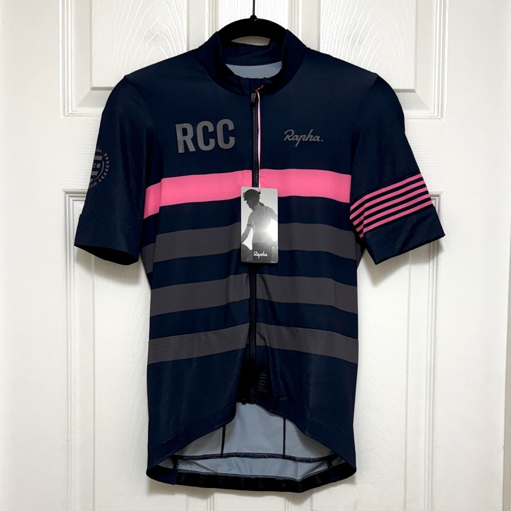 Rapha Women's Navy and Pink Striped RCC Jersey - Picture 2 of 7